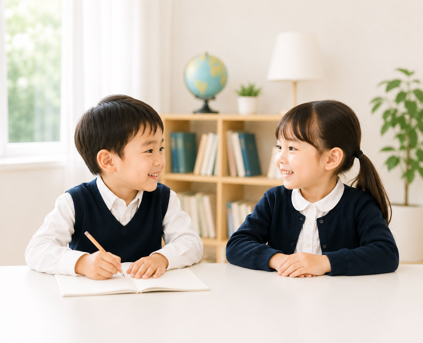 明るい教室で机を囲み、笑顔で向き合う二人の子ども